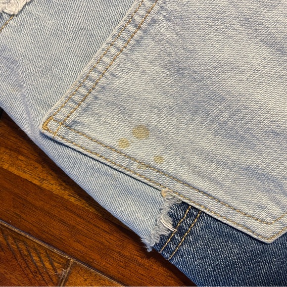 Patchwork Denim Shorts High Waisted Two Tone Raw Hem Festival - Picture 6 of 8